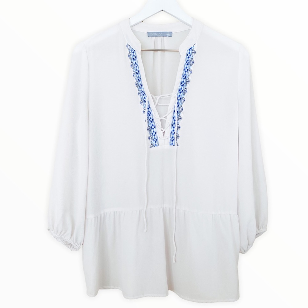 Octavia White & Blue Embroidered Peplum‎ Blouse Size XS